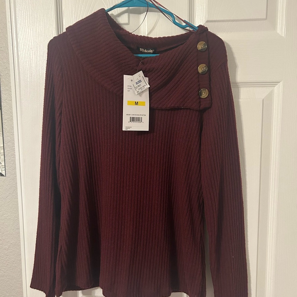 JM Collection Red Ribbed Sailor Collar Top